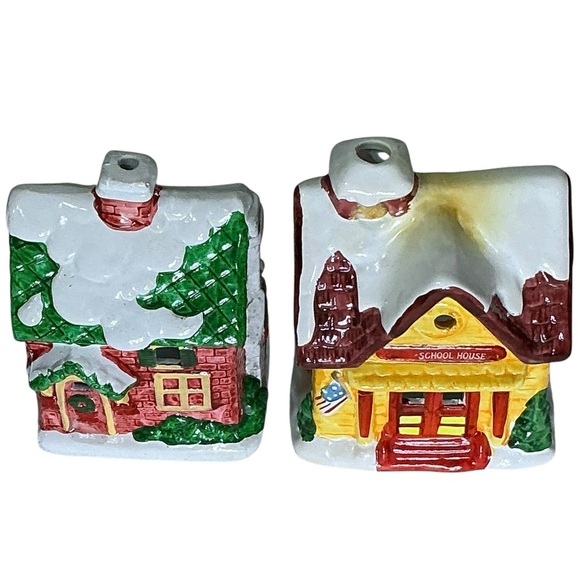 Christmas Village Vintage Candle Burner Holders Schoolhouse Home Set of 2 - Picture 2 of 16